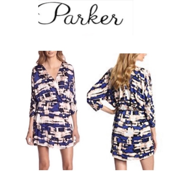 Parker Blouson Catalina Dress Stretch Drape Faux Wrap Watercolor Dolman Sleeve S - Picture 1 of 16